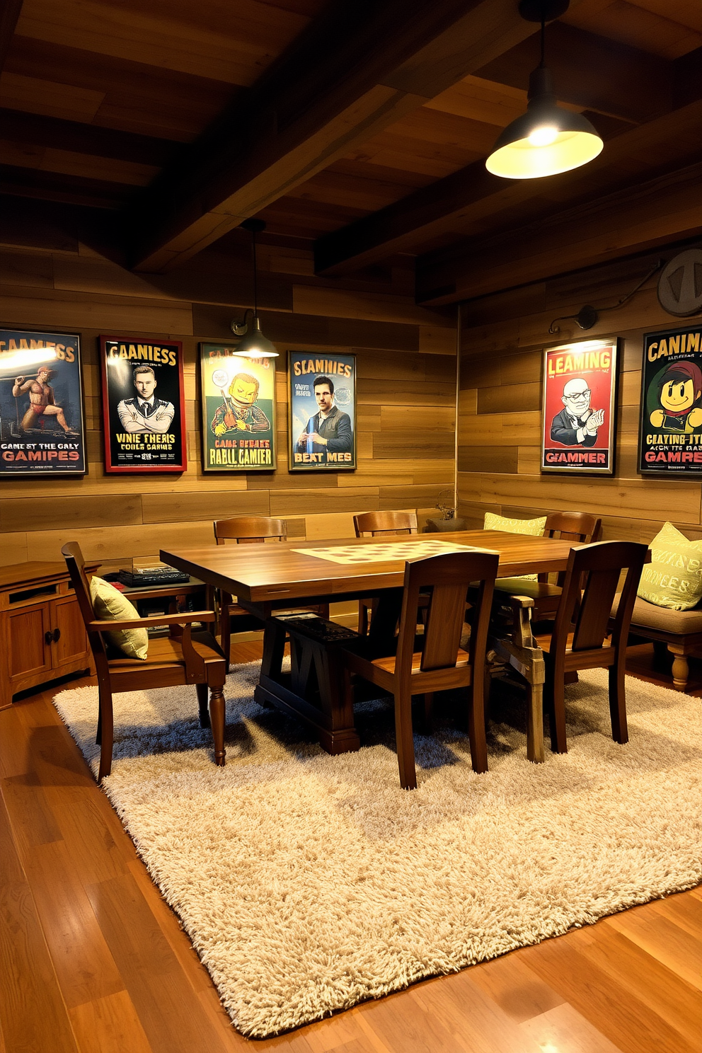 A rustic game room featuring reclaimed wood furniture creates a cozy and inviting atmosphere. The room includes a large wooden table surrounded by comfortable chairs, perfect for game nights with friends and family. The walls are adorned with vintage gaming posters and warm lighting fixtures that enhance the rustic charm. A plush area rug lies beneath the table, adding texture and warmth to the space.