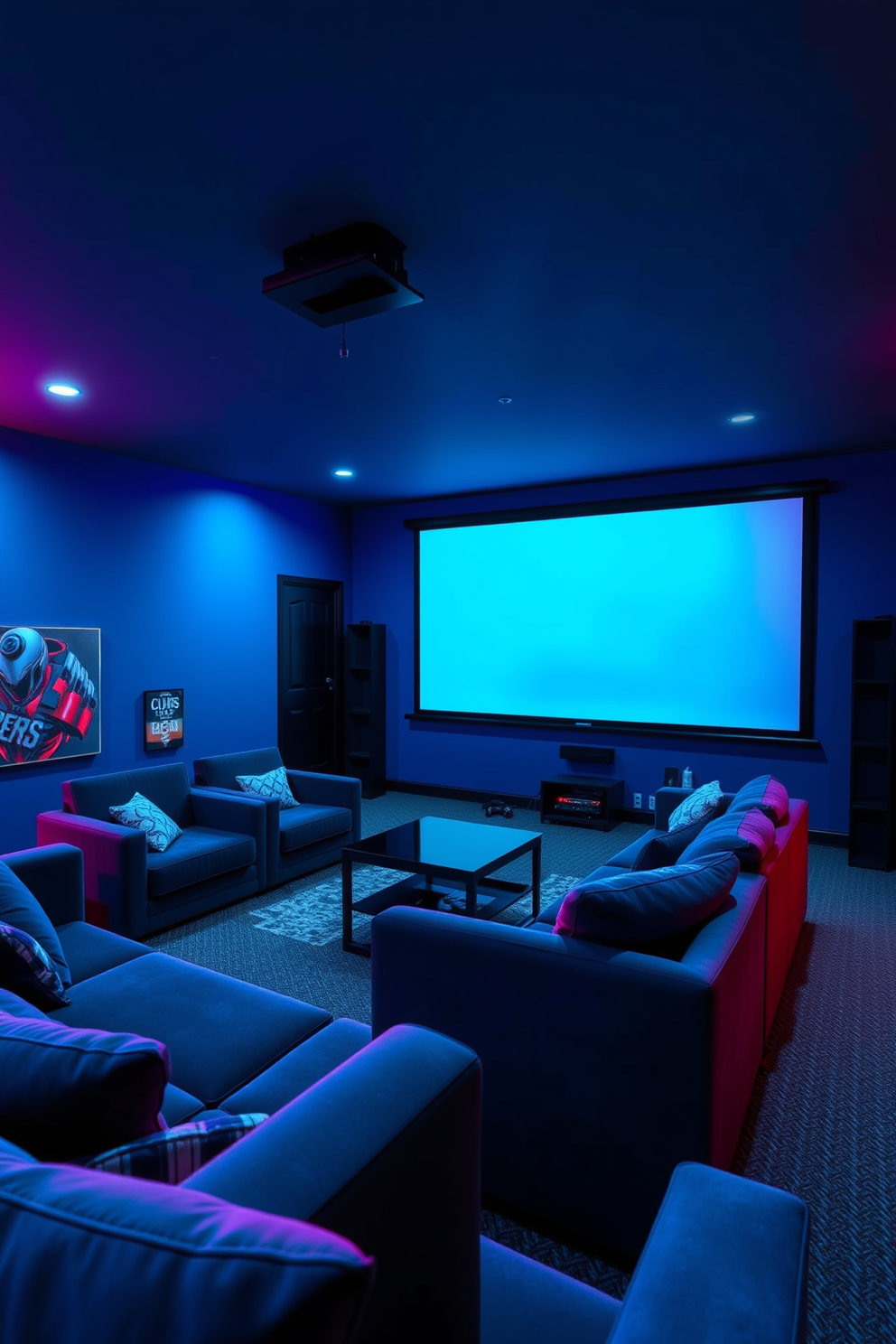 A vibrant game room filled with oversized floor cushions in various colors. The walls are adorned with playful artwork and the floor features a soft, plush carpet for comfort. In one corner, a large gaming console is set up with multiple screens, surrounded by cozy seating options. Ambient lighting creates a fun and inviting atmosphere, perfect for gatherings with friends.