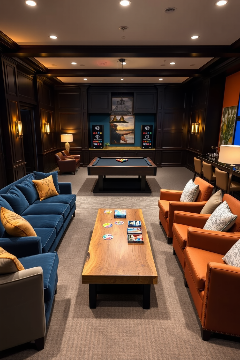 A colorful game room filled with playful decor. The walls are painted in bright hues, and whimsical artwork adorns the space. A large sectional sofa in vibrant colors provides ample seating for friends and family. A fun area rug with geometric patterns anchors the room, while a pool table and arcade games add excitement.