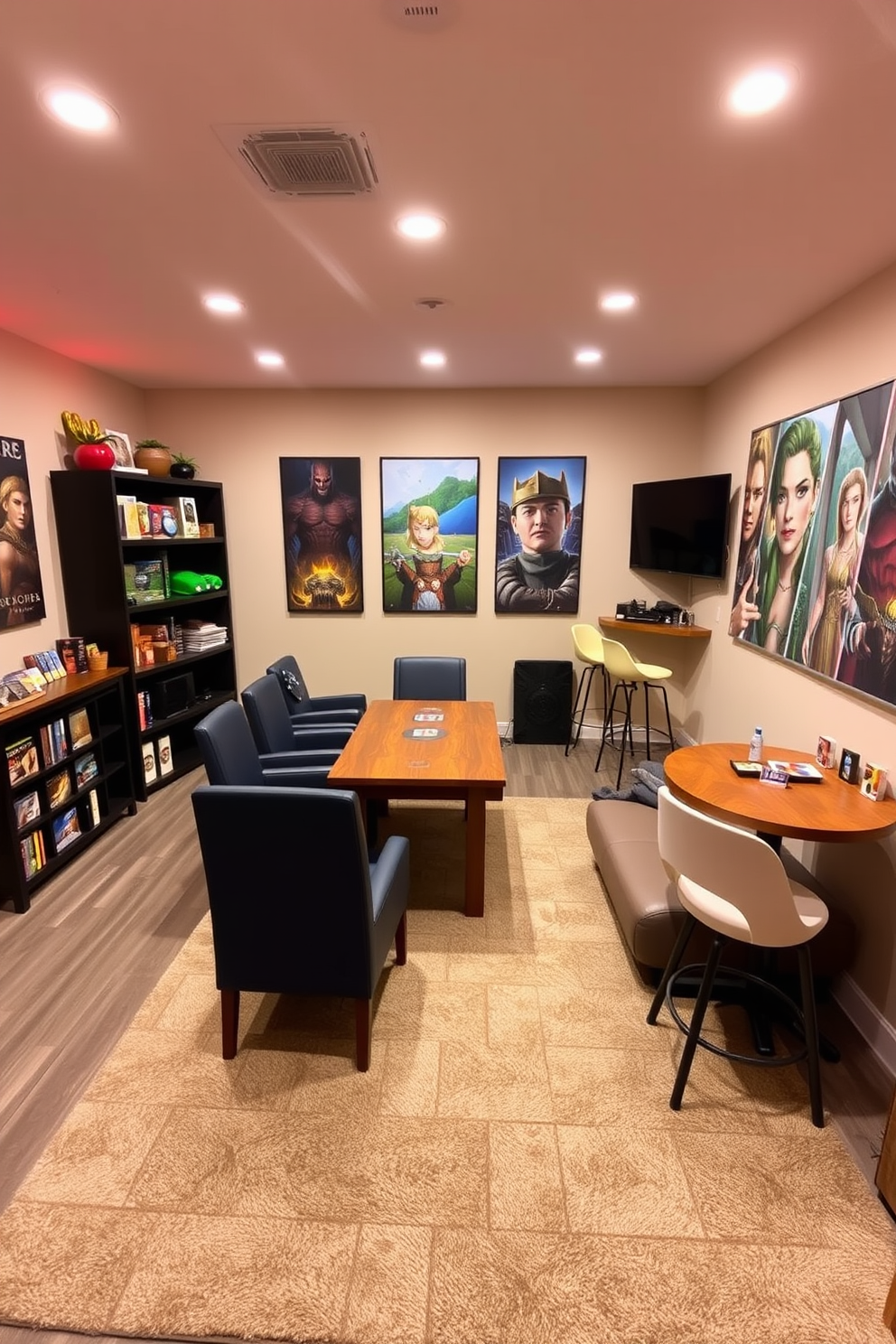 A vibrant game room designed for tabletop and card games features a spacious layout with a large wooden table at the center surrounded by comfortable chairs. The walls are adorned with colorful artwork depicting various game themes, and soft ambient lighting creates a cozy atmosphere for long gaming sessions. In one corner, a dedicated shelving unit displays an impressive collection of board games and card decks, while a plush rug adds warmth to the space. A snack bar with high stools offers refreshments, ensuring that players can enjoy their favorite treats while immersed in the fun.