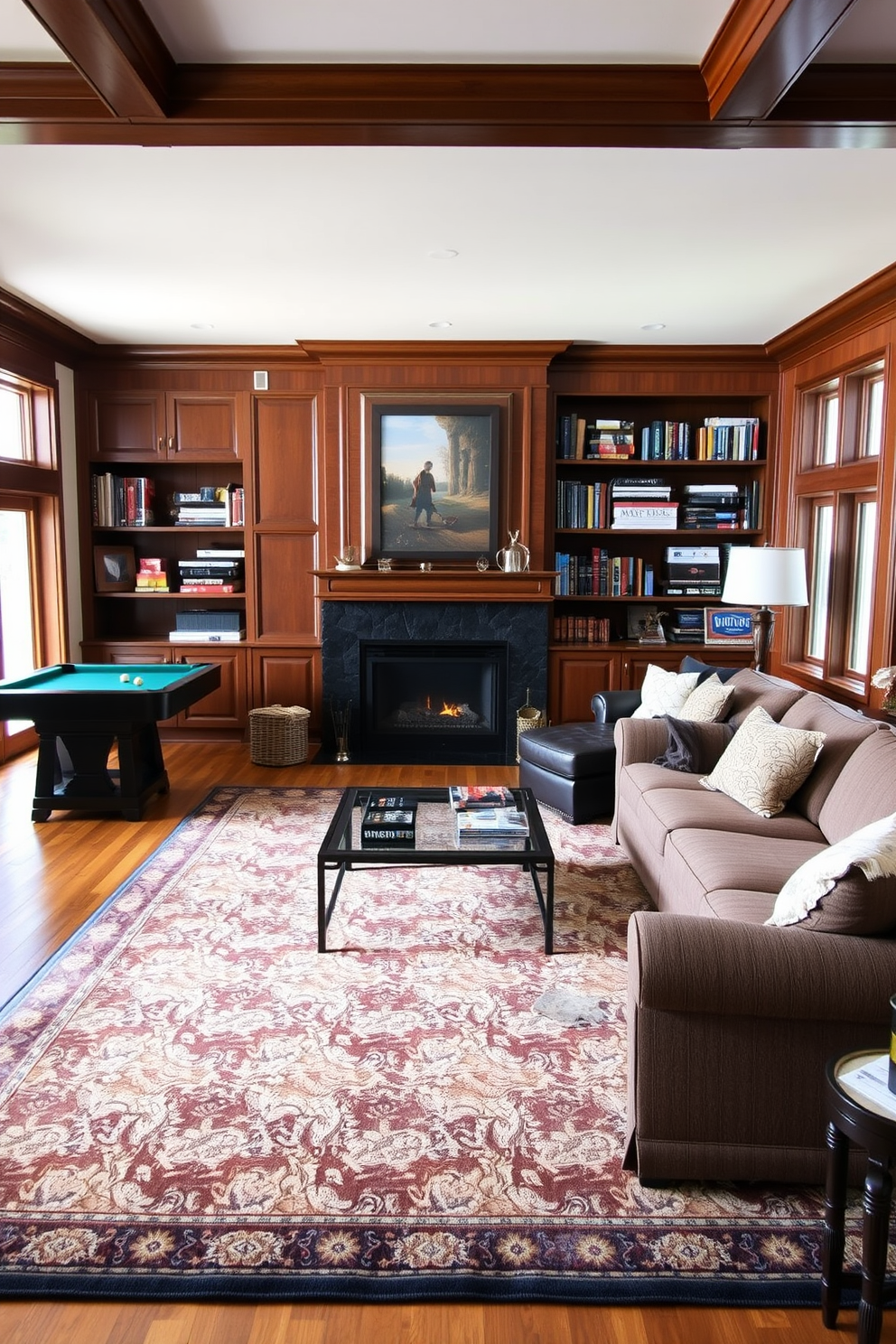 A spacious game room with a cozy fireplace as the focal point. The room is designed with comfortable seating arrangements, including a plush sectional sofa and oversized armchairs. Rich wooden paneling adorns the walls, creating a warm and inviting atmosphere. A large area rug anchors the seating area, while shelves filled with games and books add a personal touch.