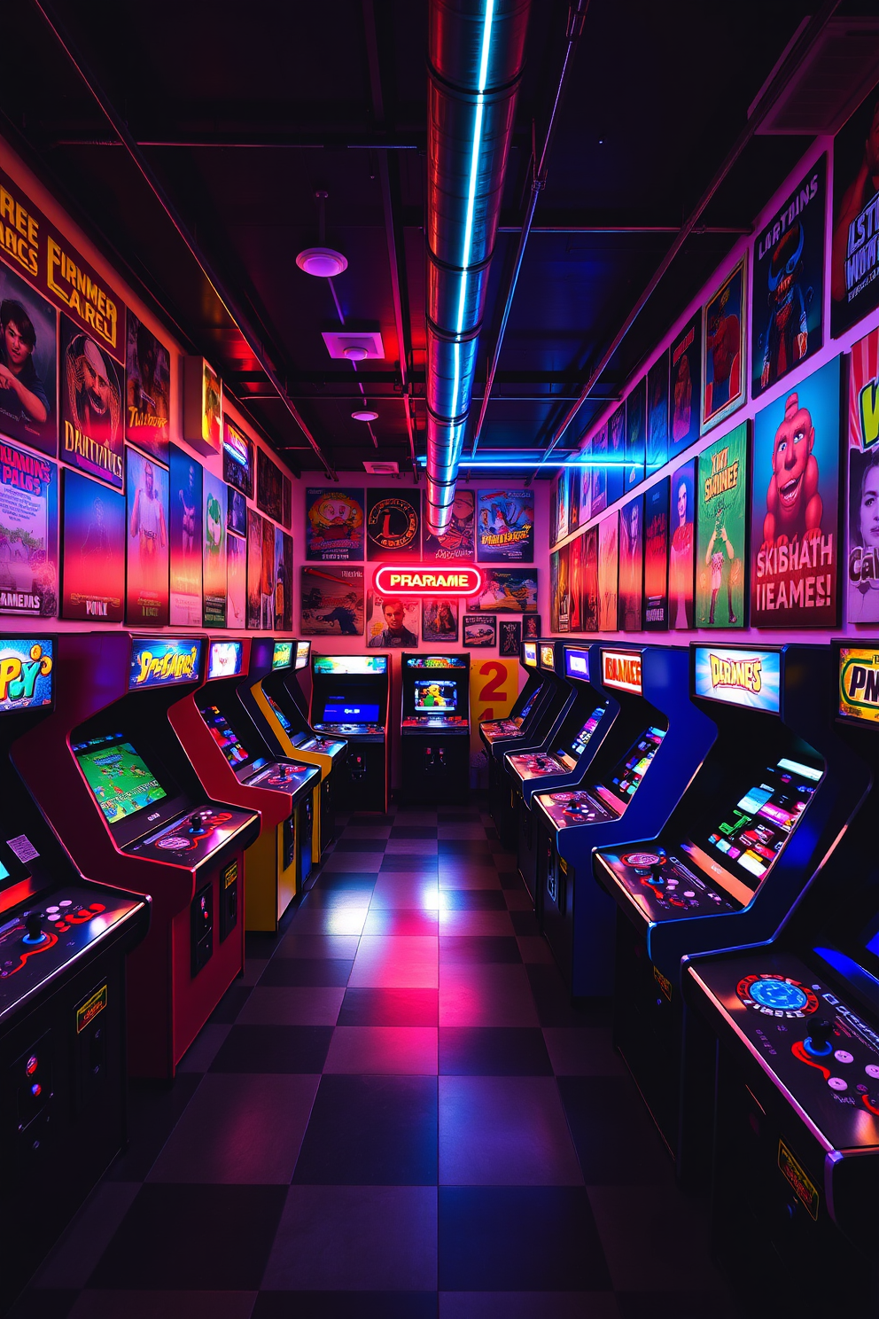 A vibrant game room filled with retro arcade machines showcasing classic games. The walls are adorned with colorful posters of iconic video games, and neon lights create an energetic atmosphere.