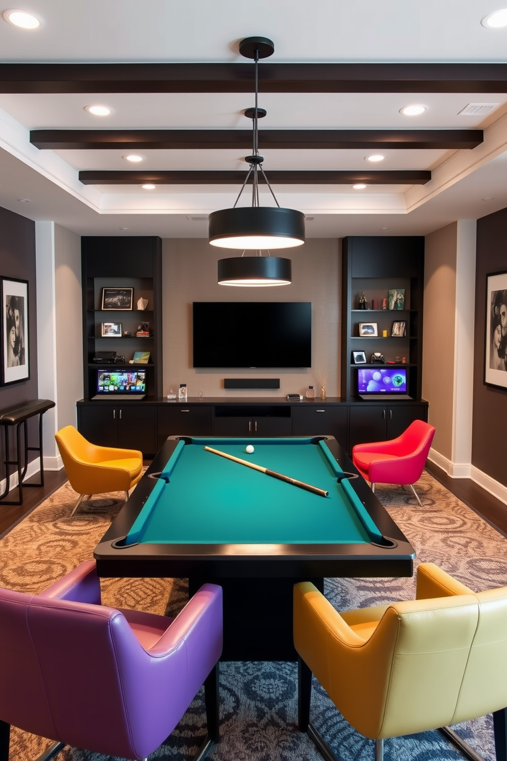 A vibrant game room designed for multiplayer tournaments features a spacious layout with comfortable seating arranged in a semi-circle around a large screen. The walls are adorned with colorful gaming posters, and LED strip lights create an energetic atmosphere. In the center, a sleek gaming table is equipped with multiple consoles and high-end PCs, surrounded by ergonomic chairs for optimal comfort. The flooring is a dark laminate, providing a stylish contrast to the bright accents throughout the room.