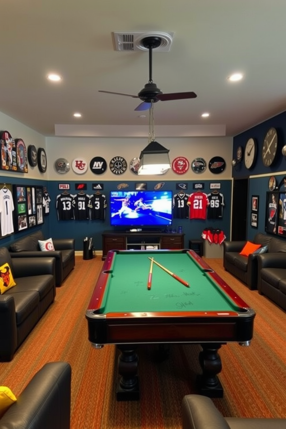 A vibrant sports-themed game room featuring memorabilia displays along the walls. The room is filled with comfortable seating options and a large flat-screen TV mounted above a stylish entertainment center. The walls are painted in team colors, creating an energetic atmosphere. A pool table occupies the center of the room, surrounded by framed jerseys and signed sports equipment.