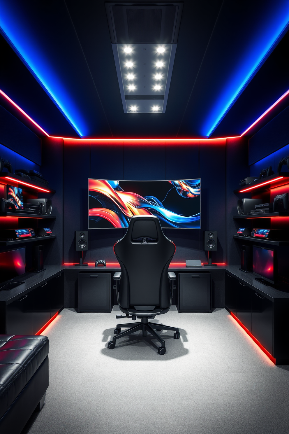 A high-tech gaming room featuring sleek black furniture and ambient LED lighting. The centerpiece is a large curved gaming monitor mounted on the wall, with a high-performance gaming chair positioned in front. Surrounding the monitor are shelves filled with the latest gaming consoles and accessories. The walls are decorated with soundproof panels in a deep blue hue, creating an immersive gaming environment.