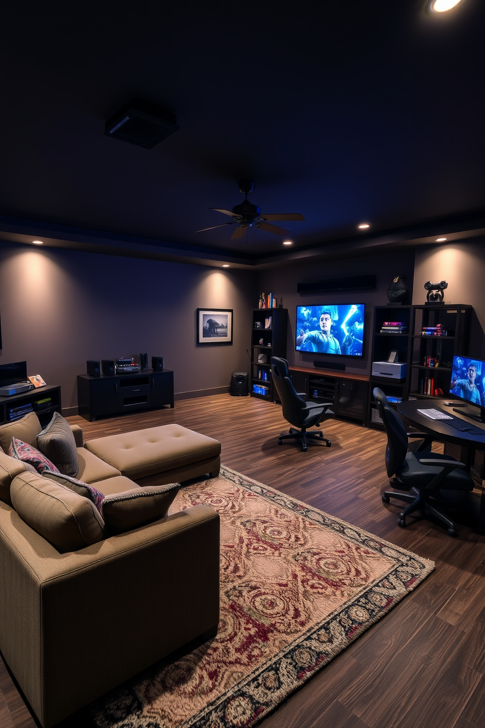 A spacious multi-functional game room designed for both gaming and movie watching. The room features a large sectional sofa facing a big screen television, with ambient lighting creating a cozy atmosphere. To the side, a sleek gaming station is equipped with the latest consoles and comfortable chairs. Decorative shelving showcases games and collectibles, while a plush area rug adds warmth to the space.