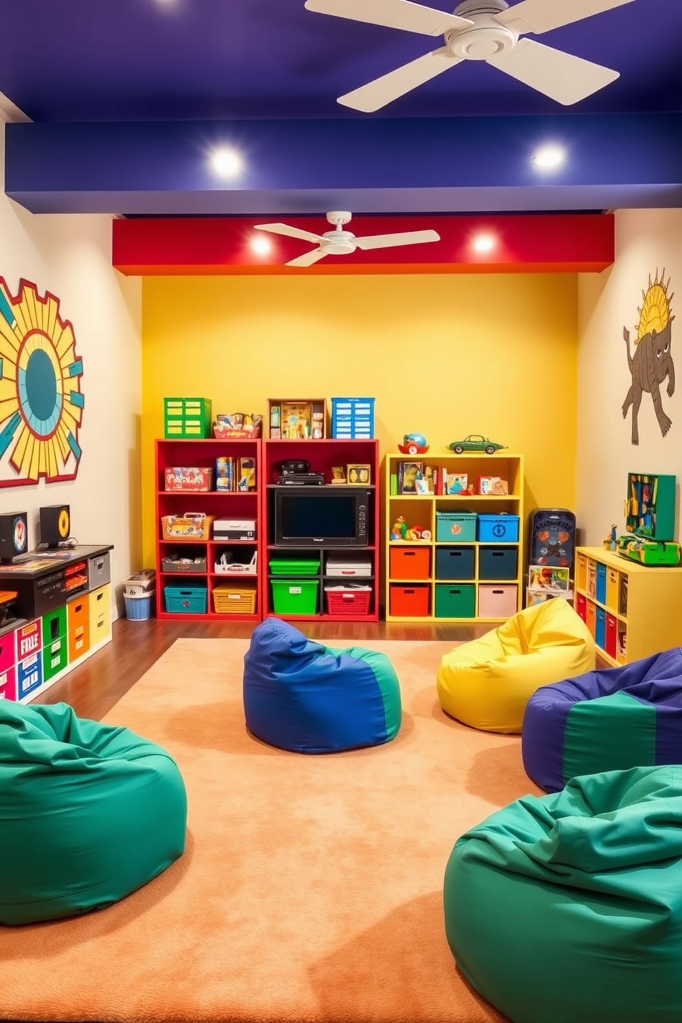 A bright and colorful game room for kids filled with playful furniture and vibrant wall art. The space includes a large soft rug in cheerful colors, a variety of games and toys neatly organized on colorful shelves, and bean bag chairs scattered around for comfortable seating.