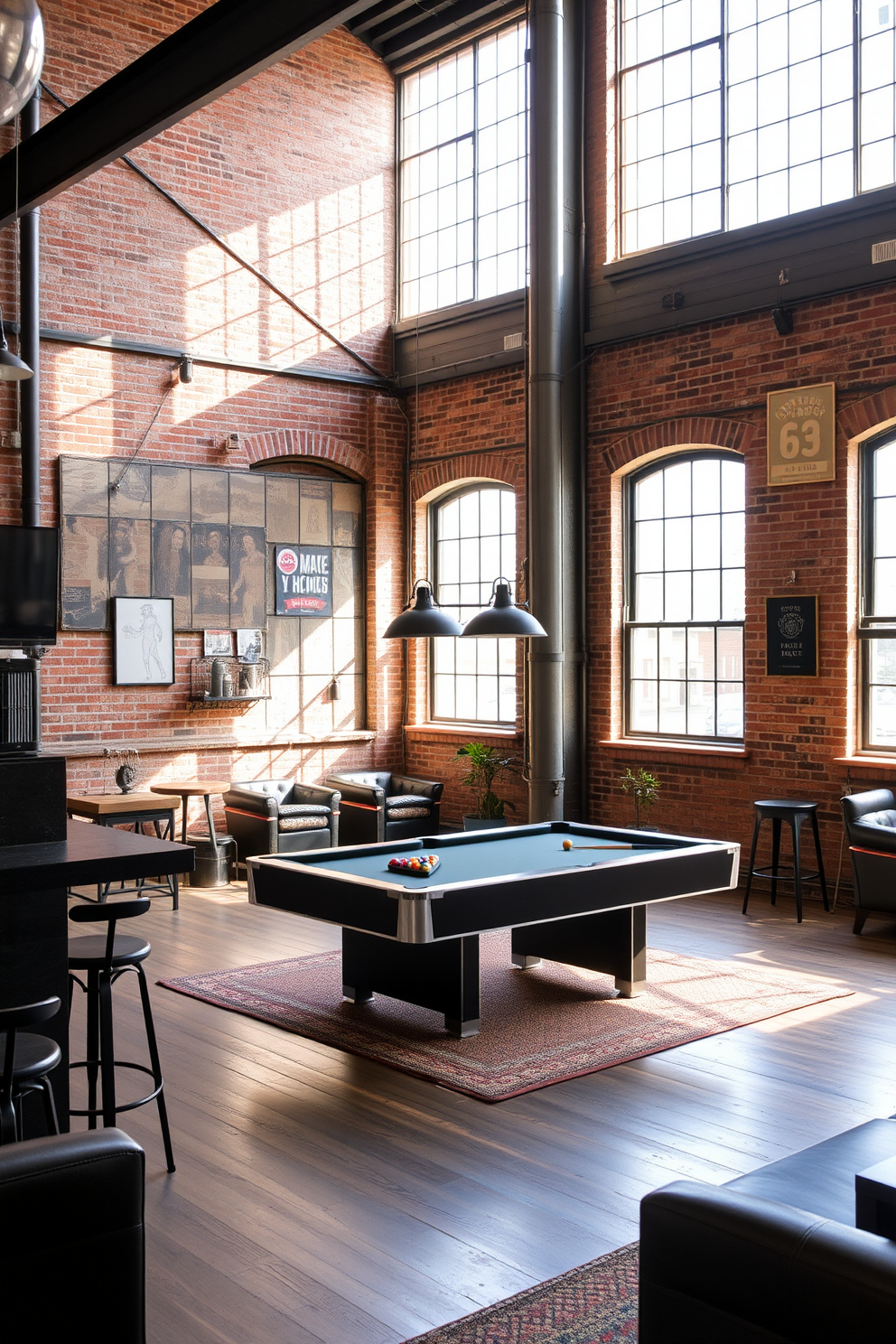 An industrial style game room featuring exposed brick walls and large windows that allow natural light to flood the space. The room is furnished with a mix of vintage and modern elements including a pool table, a sleek bar area, and comfortable seating arrangements.