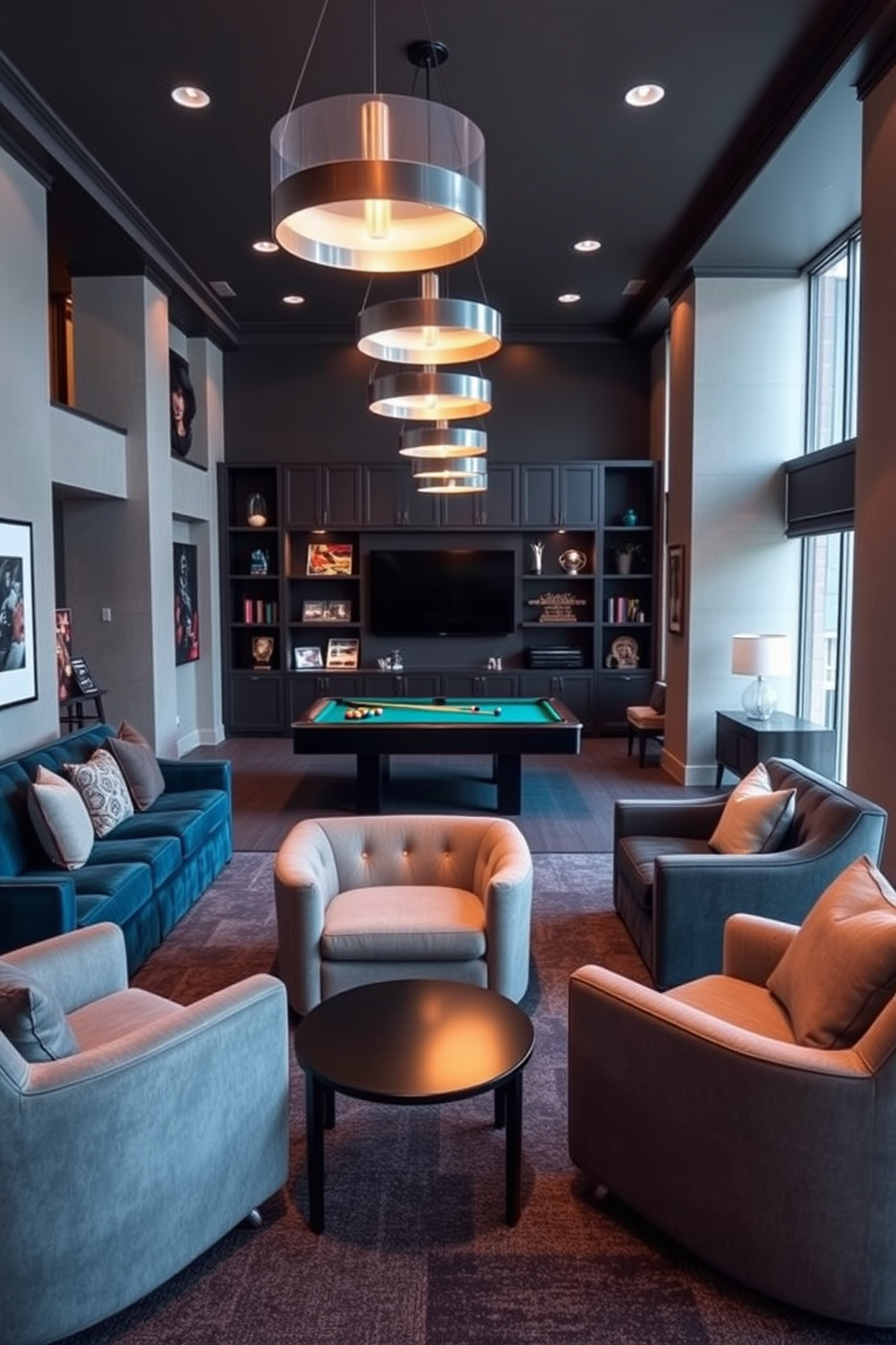 Elegant game room with plush seating options. The space features a large sectional sofa in a rich navy blue fabric, complemented by oversized armchairs in a soft gray hue. A sleek pool table occupies the center of the room, surrounded by stylish pendant lighting that casts a warm glow. The walls are adorned with framed artwork and shelves displaying games and collectibles, creating a vibrant atmosphere.