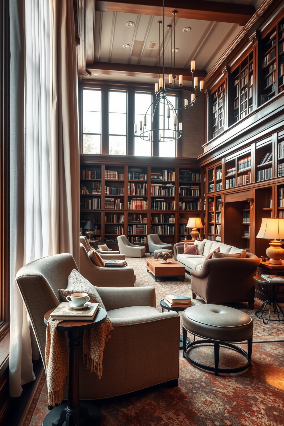 A cozy reading nook featuring plush seating with soft cushions and a warm throw blanket. A tall bookshelf filled with an array of books lines the wall, and a small side table holds a steaming cup of tea. An expansive home library designed with rich wooden shelves that reach the ceiling, showcasing a collection of books. Comfortable armchairs are strategically placed for reading, and large windows allow natural light to flood the space.