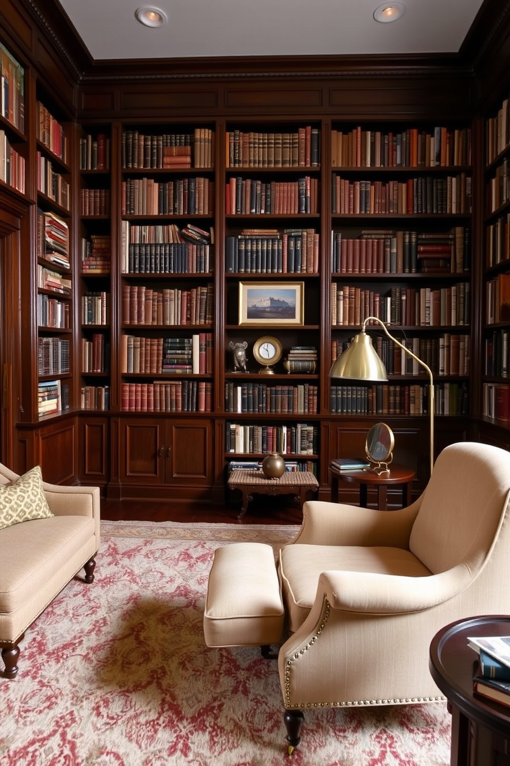 A cozy reading corner featuring oversized bean bags in vibrant colors. The walls are lined with built-in bookshelves filled with an eclectic mix of books and decorative items. A spacious home library designed with large windows allowing natural light to flood the room. Elegant wooden shelves house an extensive collection of books, complemented by a comfortable seating area for quiet reading.