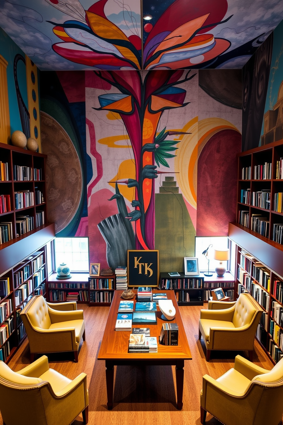 Artistic wall murals featuring vibrant colors and abstract designs create a captivating focal point. The library is filled with floor-to-ceiling bookshelves, each adorned with a carefully curated collection of books and decorative objects. Cozy reading nooks with plush armchairs and warm lighting invite relaxation and contemplation. A large wooden table in the center serves as a workspace, surrounded by stacks of books and inspirational art pieces.