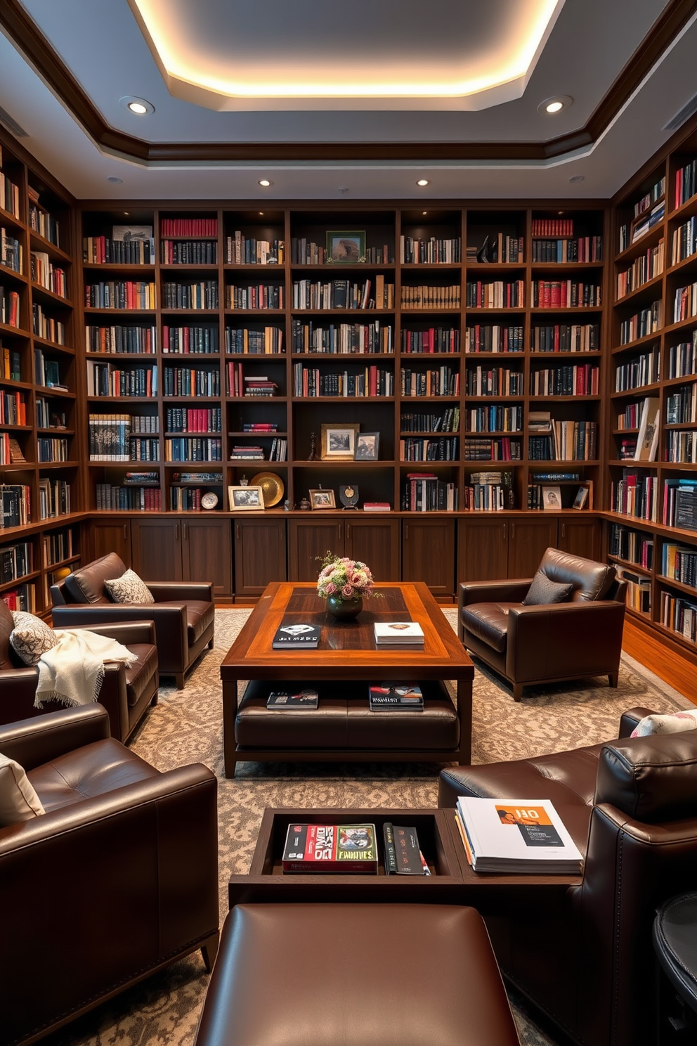 A spacious home library features custom-built bookshelves that reach the ceiling, filled with an extensive collection of books. In the center, a large wooden table serves as a reading area, surrounded by comfortable leather chairs and soft, ambient lighting. Hidden storage is cleverly integrated into the furniture designs, with ottomans that open to reveal compartments for blankets and books. A sleek coffee table includes drawers for storing coasters and magazines, maintaining a clutter-free environment.