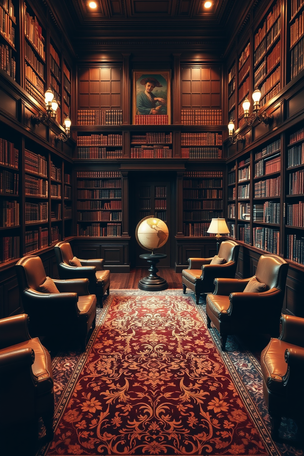 A vintage globe sits elegantly on a dark wooden pedestal, surrounded by shelves filled with leather-bound books. The library features a rich mahogany color scheme, with plush armchairs and a large, ornate area rug anchoring the space. Floor-to-ceiling bookshelves line the walls, showcasing a curated collection of literature and decorative artifacts. Soft, warm lighting from antique sconces creates a cozy reading nook in the corner, inviting guests to unwind with a good book.