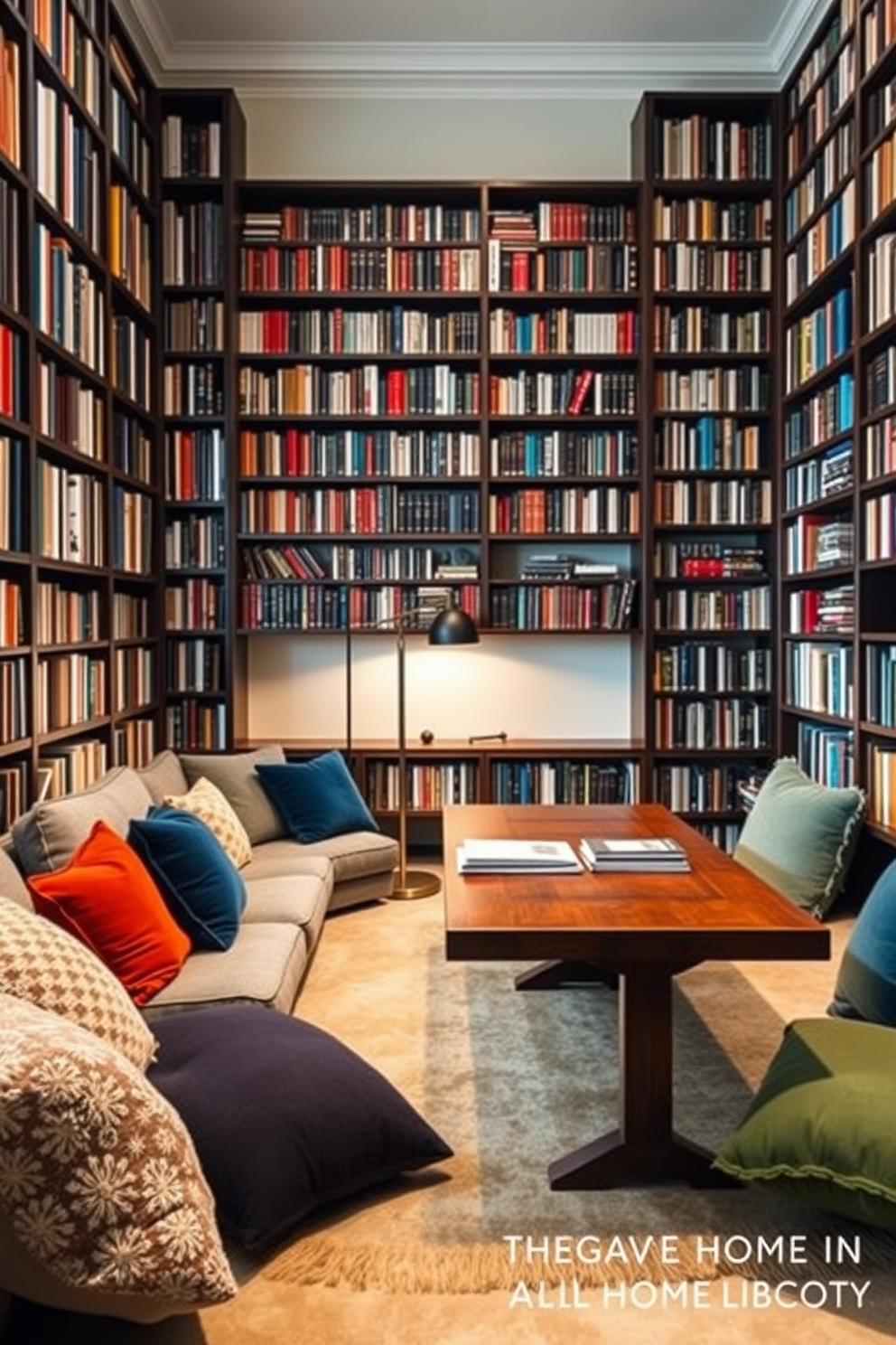 A large home library featuring a blend of open and closed storage options. The room is filled with floor-to-ceiling bookshelves made of rich mahogany, showcasing an array of books and decorative items. In the center, a comfortable reading nook is created with a plush armchair and a small side table. Soft, ambient lighting illuminates the space, while a large window allows natural light to flood in, enhancing the inviting atmosphere.