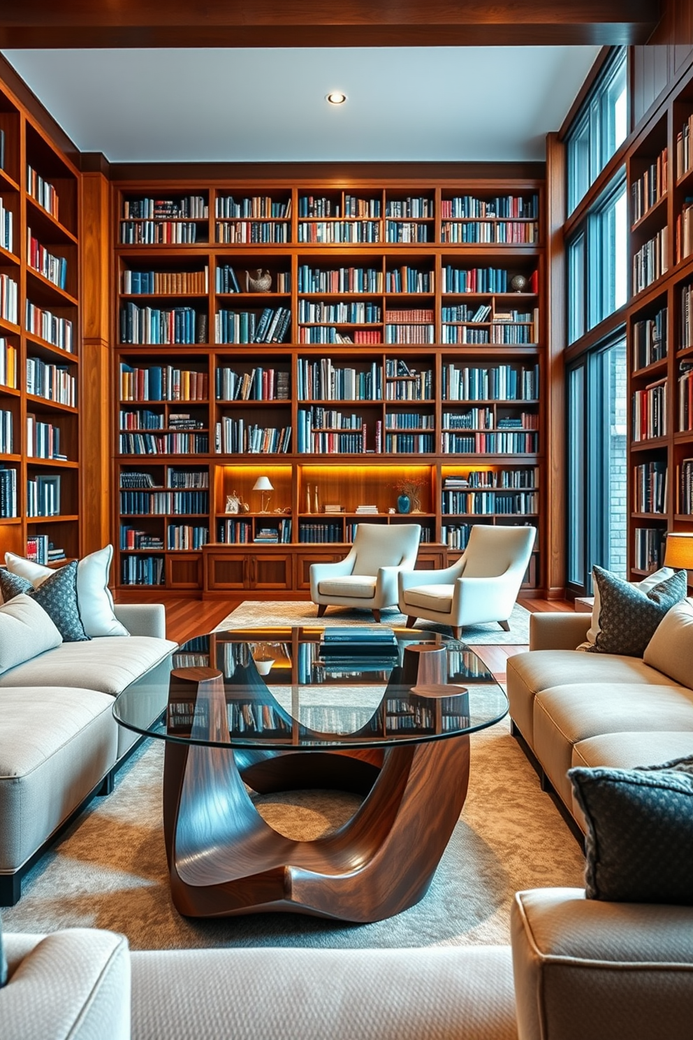 A stylish coffee table designed for relaxation features a sleek glass top resting on a sculptural wooden base. Surrounding the table are plush, comfortable seating options that invite leisurely conversations and cozy gatherings. The large home library is designed with floor-to-ceiling bookshelves made of rich mahogany, showcasing a vast collection of books. A comfortable reading nook is created with a large armchair and soft lighting, providing an inviting space for quiet reflection and study.