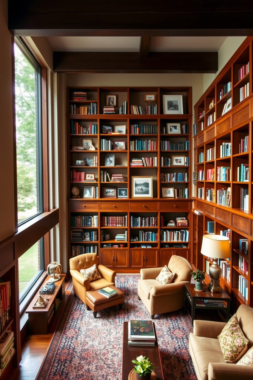 A personalized book display on shelves creates a warm and inviting atmosphere. The shelves are filled with an eclectic mix of books, framed photos, and decorative objects that reflect the owner's personality. The large home library features comfortable seating areas with plush armchairs and a cozy reading nook. Rich wooden bookshelves line the walls, while a large window allows natural light to flood the space, enhancing the overall ambiance.