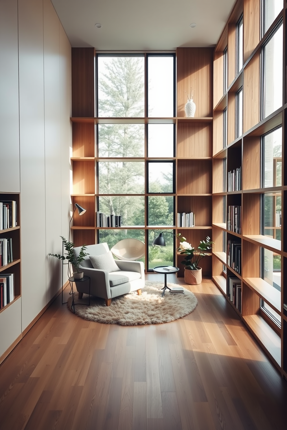 A modern minimalist home library featuring sleek built-in shelves that stretch from floor to ceiling. The space is illuminated by large windows allowing natural light to flood in, with a cozy reading nook furnished with a comfortable armchair and a small side table. The color palette consists of soft neutrals and warm wood tones, creating a calm and inviting atmosphere. A plush area rug anchors the seating area, while strategically placed plants add a touch of greenery to the minimalist aesthetic.