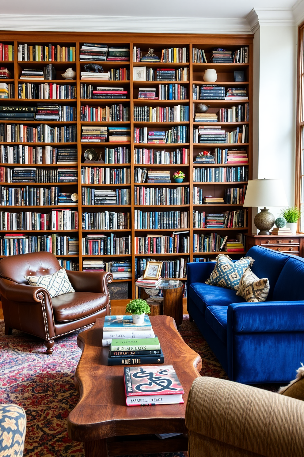 An eclectic home library filled with a variety of furniture styles. A large wooden bookshelf dominates one wall, showcasing a diverse collection of books and decorative items. In the center, a plush velvet sofa in deep blue contrasts with a vintage leather armchair. A rustic wooden coffee table sits between them, adorned with art books and a small potted plant.