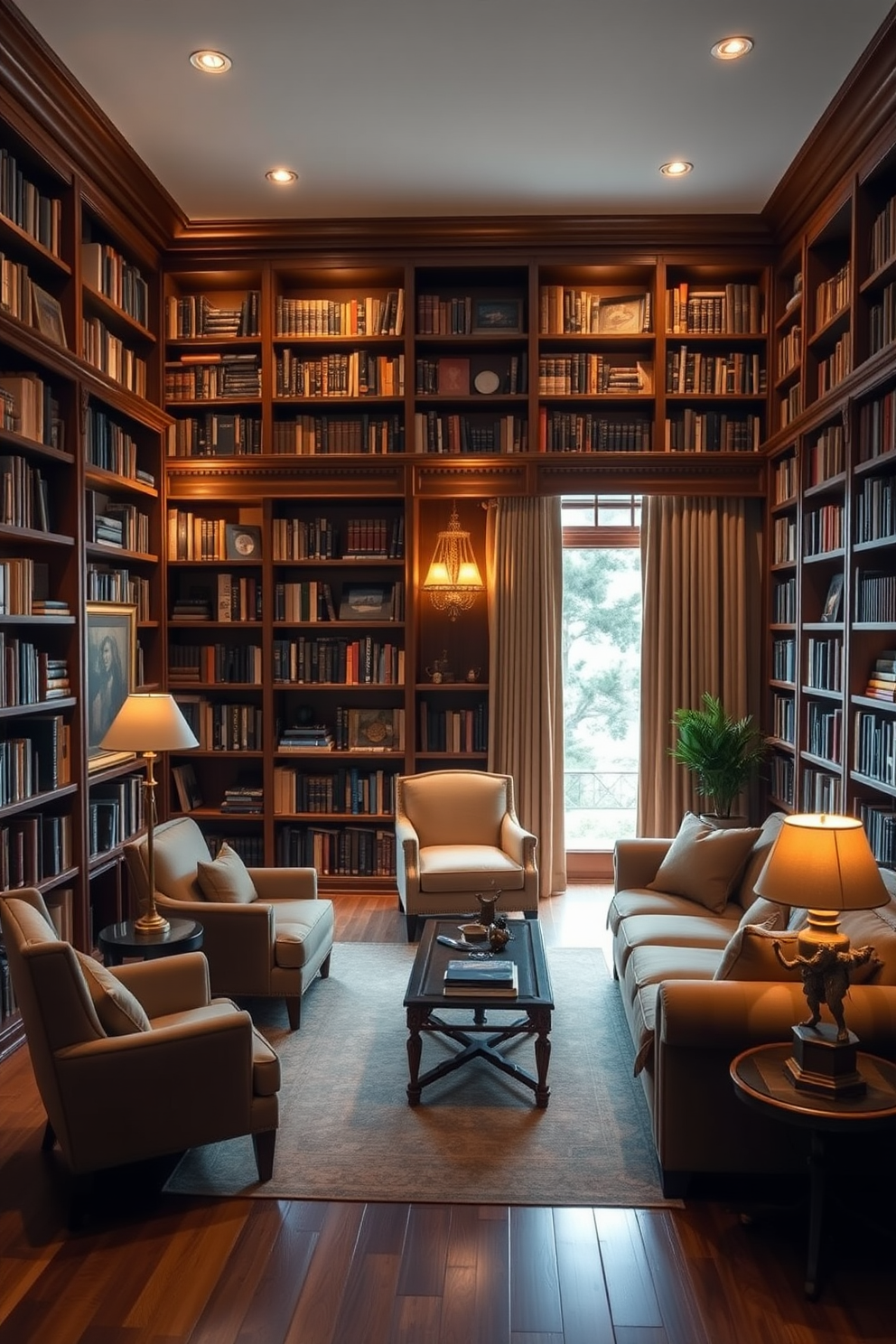 A spacious home library featuring adjustable lighting options to create the perfect ambiance for reading or working. The room is filled with floor-to-ceiling bookshelves made of rich mahogany wood, showcasing an extensive collection of books and decorative items. Comfortable seating areas are arranged throughout, including a plush armchair and a cozy sofa, both positioned near warm, adjustable light sources. A large window allows natural light to flood the space, complemented by elegant drapes that can be drawn for added privacy.