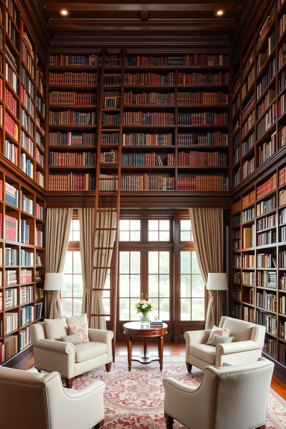 A grand home library featuring floor to ceiling bookshelves that stretch across the walls. A beautiful wooden ladder leans against the shelves, providing access to the upper levels of books. The room is filled with natural light from large windows adorned with elegant drapes. A cozy reading nook with plush armchairs and a small side table creates an inviting atmosphere for relaxation.