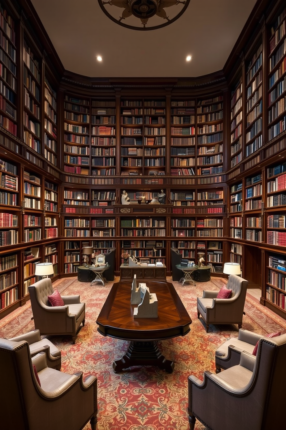 A grand home library featuring high ceilings and floor-to-ceiling bookshelves filled with an extensive collection of books. In the center, a large, elegant wooden table serves as a reading area, surrounded by plush armchairs that invite relaxation. Sculptural bookends are strategically placed throughout the shelves, adding a unique touch to the overall design. Soft, ambient lighting highlights the rich textures of the wood and the vibrant colors of the books, creating a warm and inviting atmosphere.