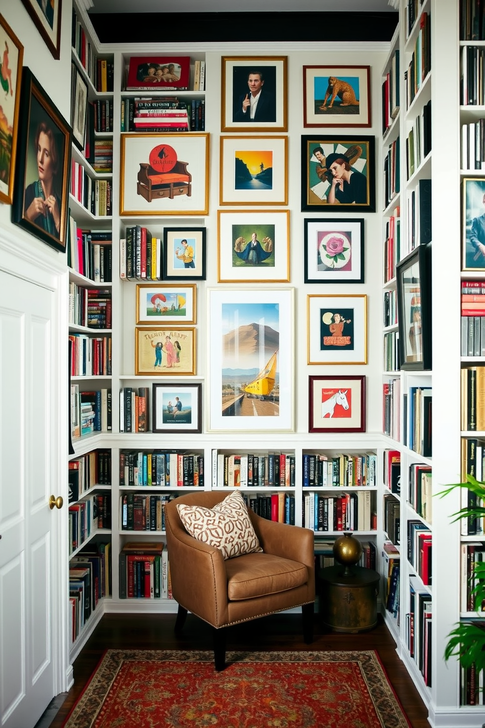 A gallery wall featuring an eclectic mix of framed art pieces in various sizes. The wall is painted in a soft white, allowing the vibrant colors of the artwork to stand out beautifully. Large home library design ideas with floor-to-ceiling bookshelves filled with books of all genres. A cozy reading nook is nestled in one corner, complete with a plush armchair and a warm, inviting rug.