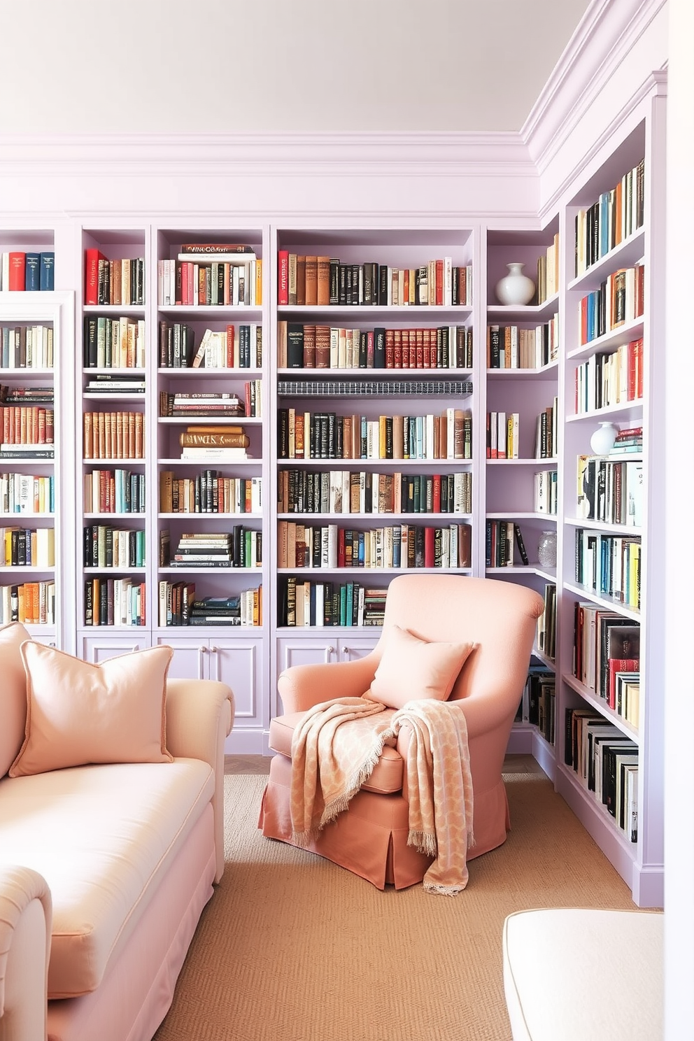 A large home library filled with soft pastel colors creates a serene and inviting atmosphere. The walls are painted in a light lavender hue, complemented by plush seating in soft pink and cream tones. Bookshelves line the walls, showcasing an array of books organized by color, adding to the calming aesthetic. A cozy reading nook features a comfortable armchair draped with a pastel throw, perfect for curling up with a good book.