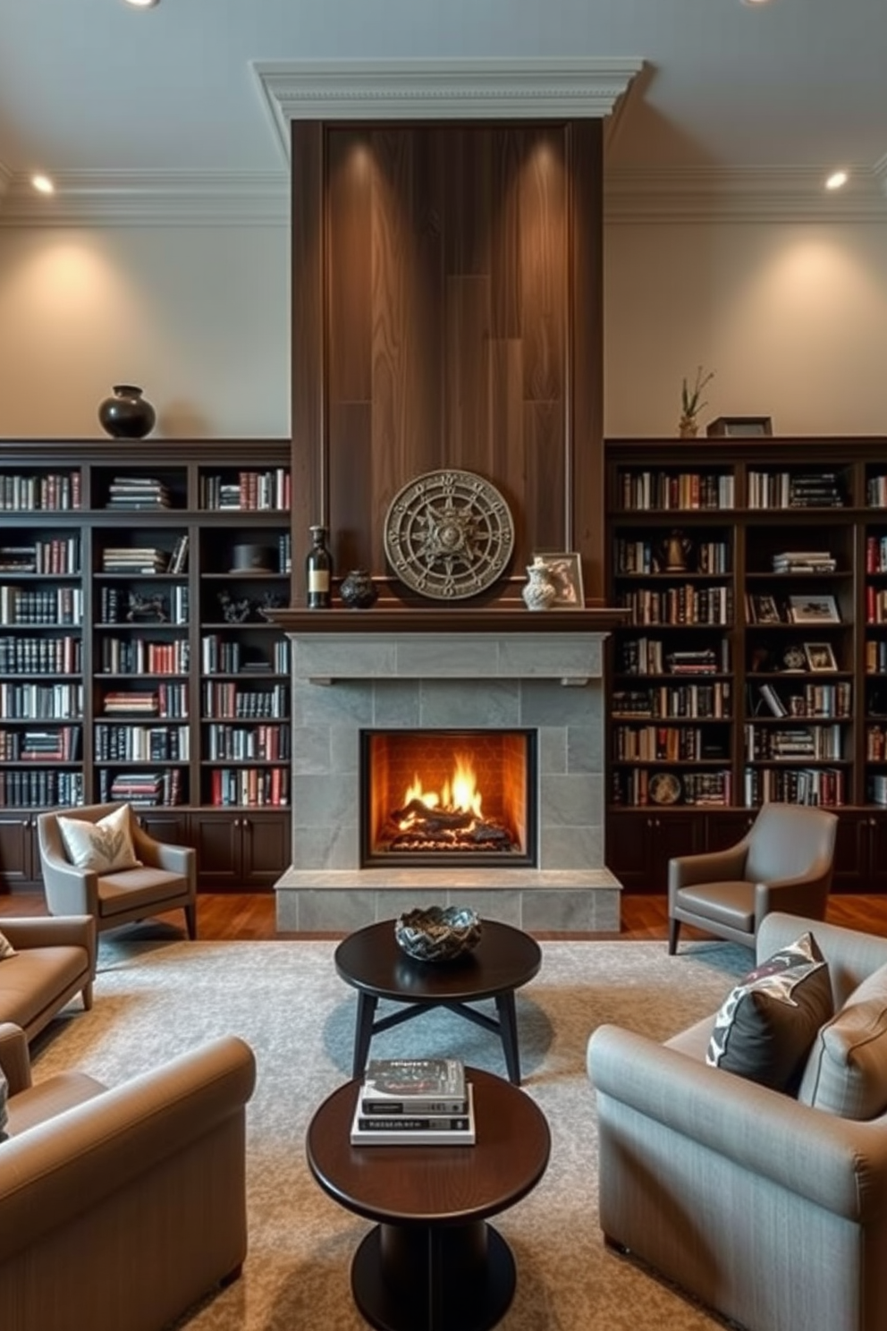 A large home library with a statement fireplace as the focal point. The fireplace is surrounded by built-in bookshelves filled with a diverse collection of books and decorative items. Comfortable seating arrangements are placed around the fireplace, inviting relaxation and conversation. Soft, warm lighting enhances the cozy atmosphere, while rich wood tones and plush textiles add elegance to the space.