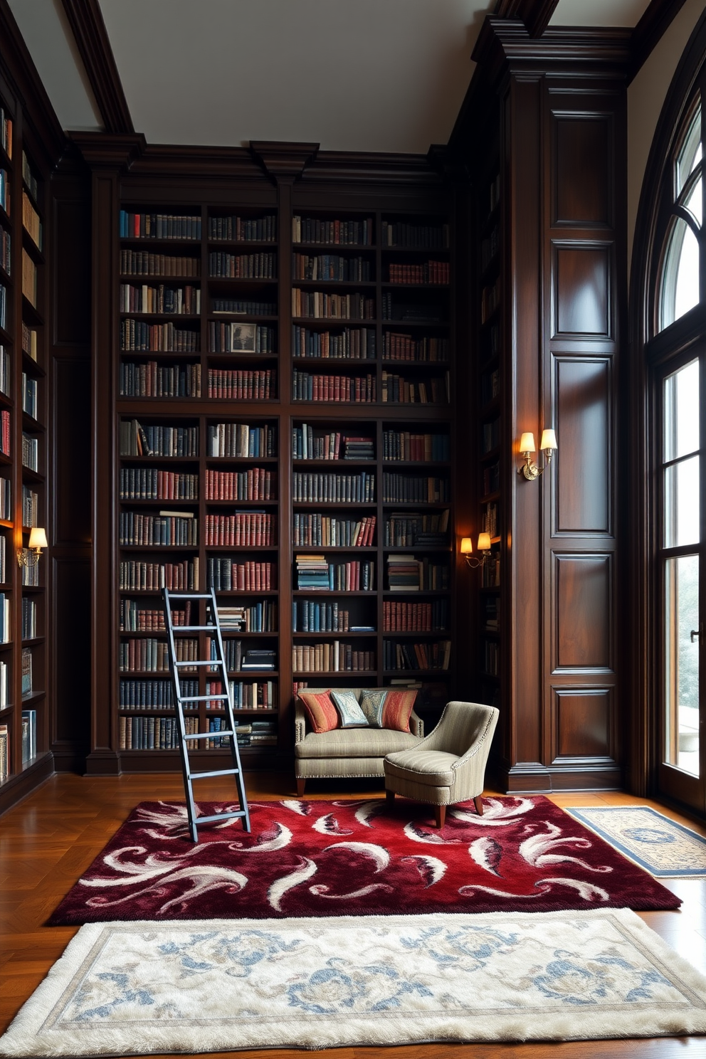 A grand home library featuring tall, dark wooden bookshelves that stretch from floor to ceiling. A stylish library ladder rests against the shelves, allowing easy access to the upper levels filled with an array of books. The room is adorned with a rich, plush area rug that adds warmth to the hardwood floor. Soft, ambient lighting from elegant sconces illuminates the space, creating a cozy reading nook by a large window with a view.