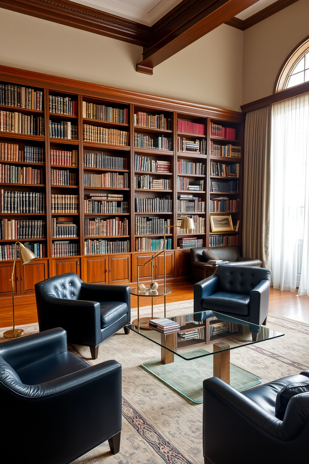 A large home library featuring a blend of classic and contemporary decor. Rich mahogany bookshelves line the walls, filled with an extensive collection of books, while a modern glass coffee table sits in the center of the room. Plush leather armchairs in deep navy provide comfortable seating, complemented by a sleek metal floor lamp nearby. A large window allows natural light to flood the space, adorned with elegant sheer curtains that soften the look.