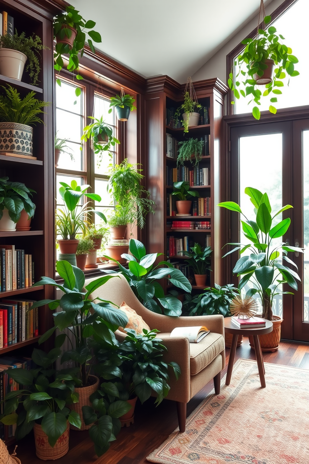 A serene study area designed for focus and tranquility. It features soundproofing elements like acoustic panels and thick curtains to minimize distractions. The large home library boasts floor-to-ceiling bookshelves filled with a diverse collection of books. A comfortable reading nook with a plush armchair and soft lighting creates an inviting atmosphere for relaxation and study.