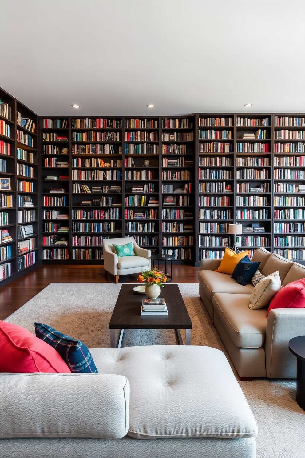 A unique coffee table designed as a conversation starter features an irregular geometric shape crafted from reclaimed wood. Its surface is adorned with a vibrant mosaic of colorful tiles, encouraging guests to engage and share stories. The large home library showcases floor-to-ceiling bookshelves filled with an eclectic mix of books and decorative items. A cozy reading nook is created with a plush armchair and a stylish floor lamp, inviting readers to lose themselves in their favorite novels.