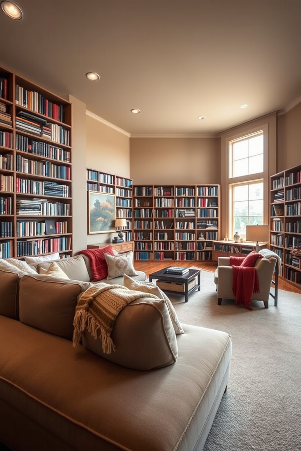 A spacious home library features a decorative ladder made of rich wood, leaning against a wall of towering bookshelves filled with an extensive collection of books. The room is illuminated by warm lighting, creating a cozy atmosphere perfect for reading and relaxation. In one corner, a plush armchair is paired with a small side table, inviting you to sit and enjoy a good book. The decorative ladder not only adds style but also provides easy access to the higher shelves, enhancing the library's functionality.