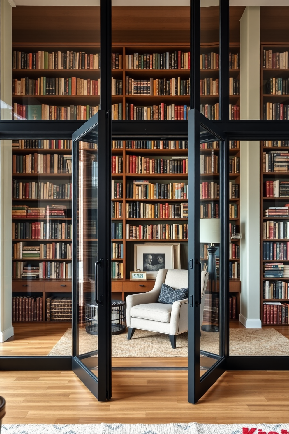 A large home library featuring glass doors that elegantly separate it from the living area. The library is adorned with floor-to-ceiling bookshelves filled with an extensive collection of books, complemented by a cozy reading nook with a plush armchair and a small side table.