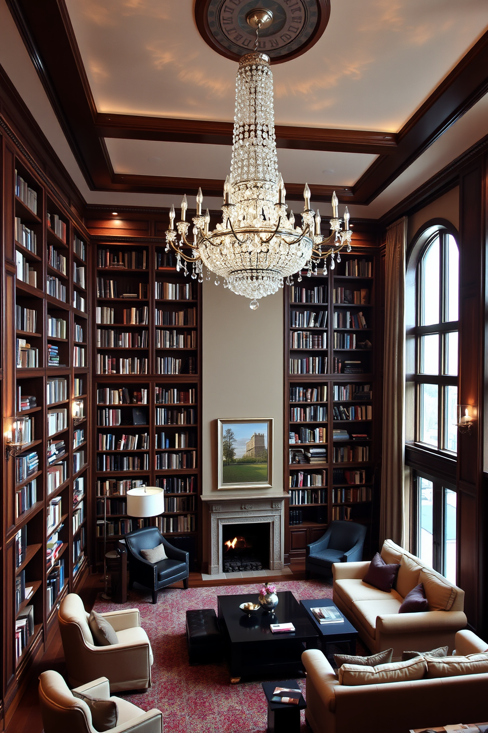 A grand home library features an elegant wooden ladder designed for reaching high shelves. The space is filled with floor-to-ceiling bookshelves, showcasing an extensive collection of books in rich mahogany tones. Soft, ambient lighting creates a warm atmosphere, highlighting a plush reading nook with a comfortable armchair. A large, ornate area rug anchors the space, adding a touch of luxury to the overall design.