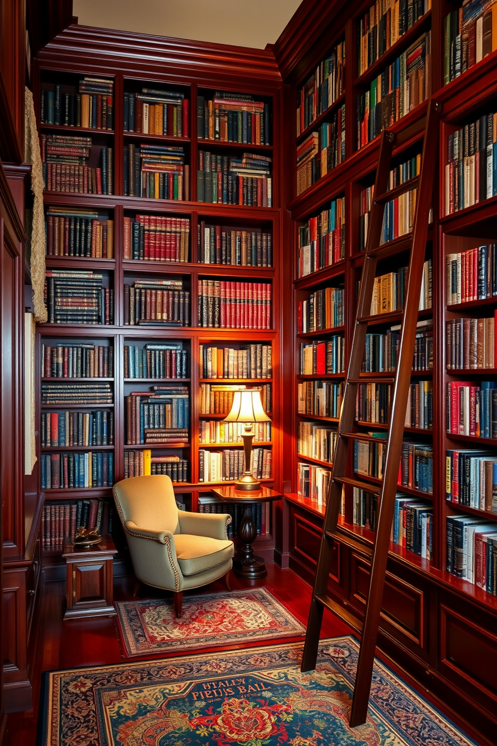 A grand home library with floor-to-ceiling bookshelves crafted from rich mahogany wood. A cozy reading nook is nestled in one corner, featuring a plush armchair and a small side table illuminated by a vintage lamp. The shelves are filled with an eclectic collection of books, arranged by color for a visually striking effect. A sliding ladder adds functionality and elegance, allowing easy access to the higher shelves while enhancing the library's charm.