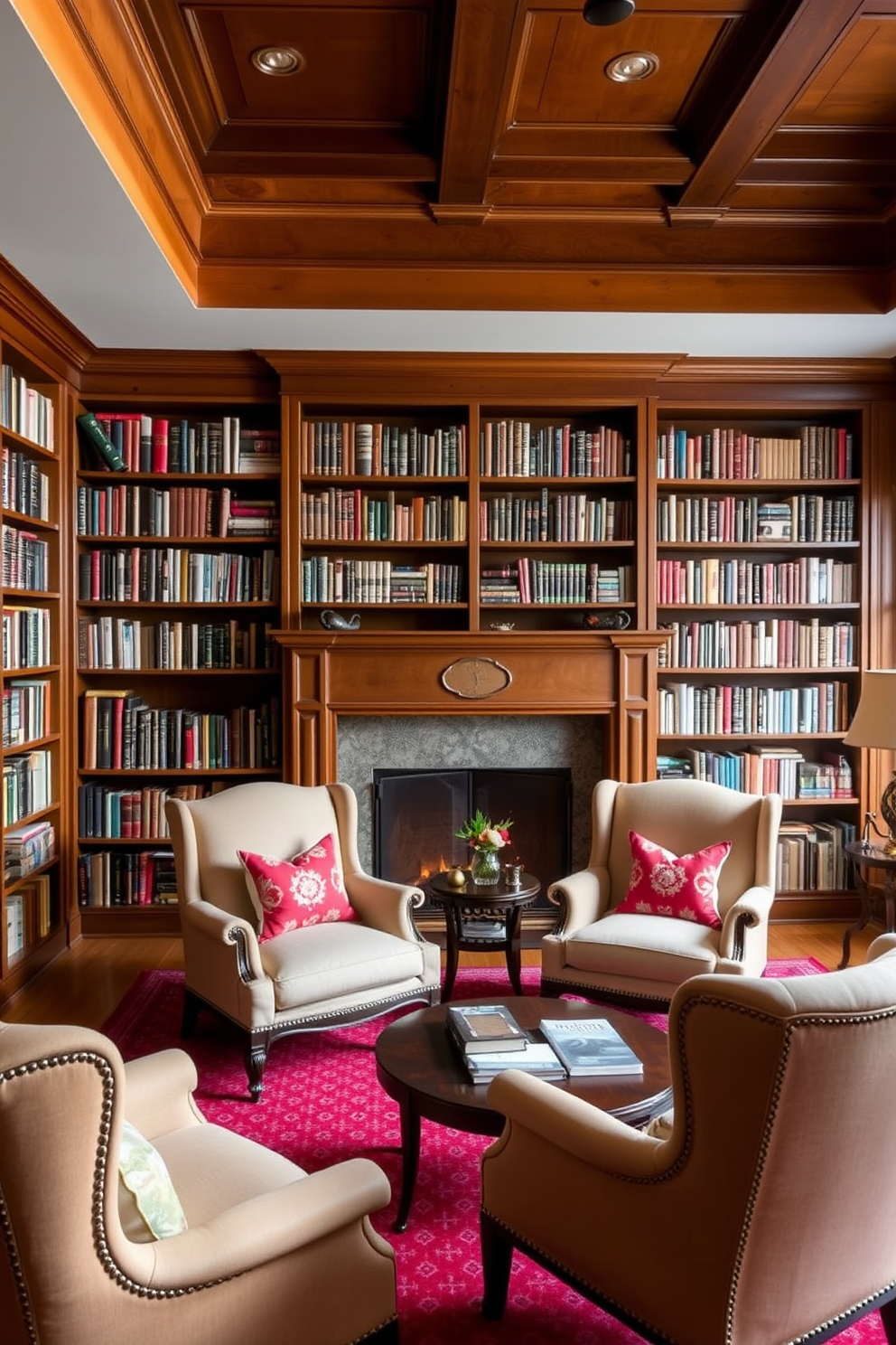 A cozy home library featuring warm lighting from stylish floor lamps that create an inviting atmosphere. The shelves are lined with an extensive collection of books, and a plush reading nook with a comfortable armchair is nestled in the corner.