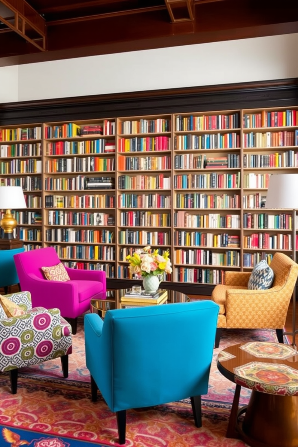 Colorful accent chairs for vibrant space. The chairs are upholstered in a mix of bold fabrics featuring patterns and bright hues, arranged around a chic coffee table. Large Home Library Design Ideas. The library features floor-to-ceiling bookshelves filled with a diverse collection of books, complemented by a cozy reading nook with plush seating and warm lighting.