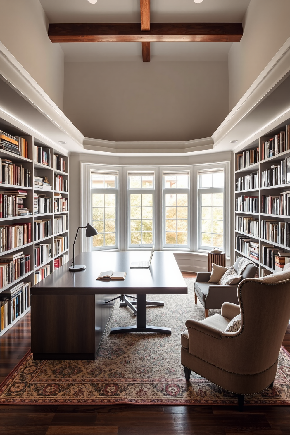 A modern minimalist home library featuring sleek lines and an open layout. The space is adorned with floor-to-ceiling bookshelves in a light wood finish, complemented by a cozy reading nook with a plush armchair and a small side table. Natural light floods the room through large windows, enhancing the airy feel. A neutral color palette of whites and grays creates a calming atmosphere, while a few carefully selected decorative items add a touch of personality.