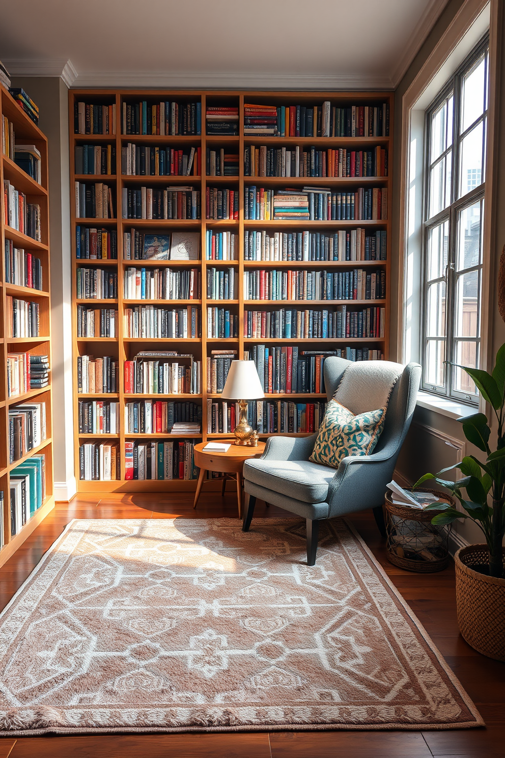 A cozy home library featuring a soft area rug that adds comfort underfoot. The shelves are filled with an extensive collection of books, and a comfortable reading chair is positioned near a large window allowing natural light to flood the space.