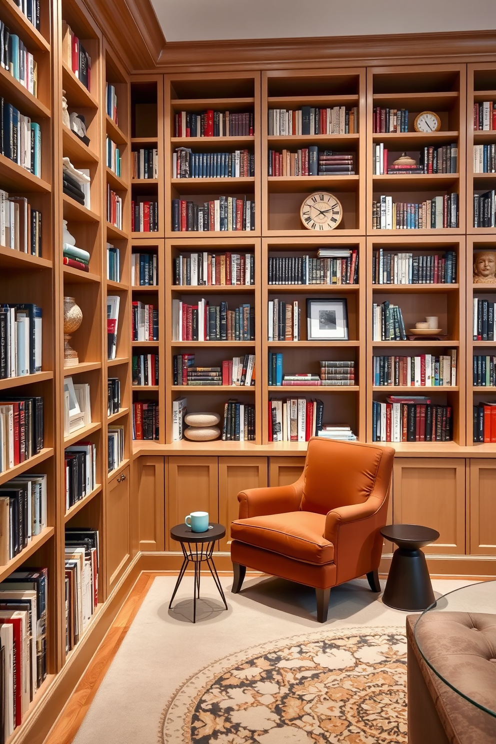 A spacious home library features built-in shelves that stretch from floor to ceiling, showcasing an array of books and decorative accents. A comfortable reading nook is nestled in the corner, complete with a plush armchair and a small side table for beverages.