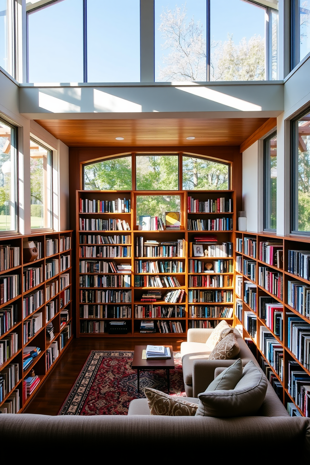 A spacious home library filled with natural light pouring in through large windows. The room features floor-to-ceiling bookshelves lined with an extensive collection of books and a cozy reading nook with plush seating.