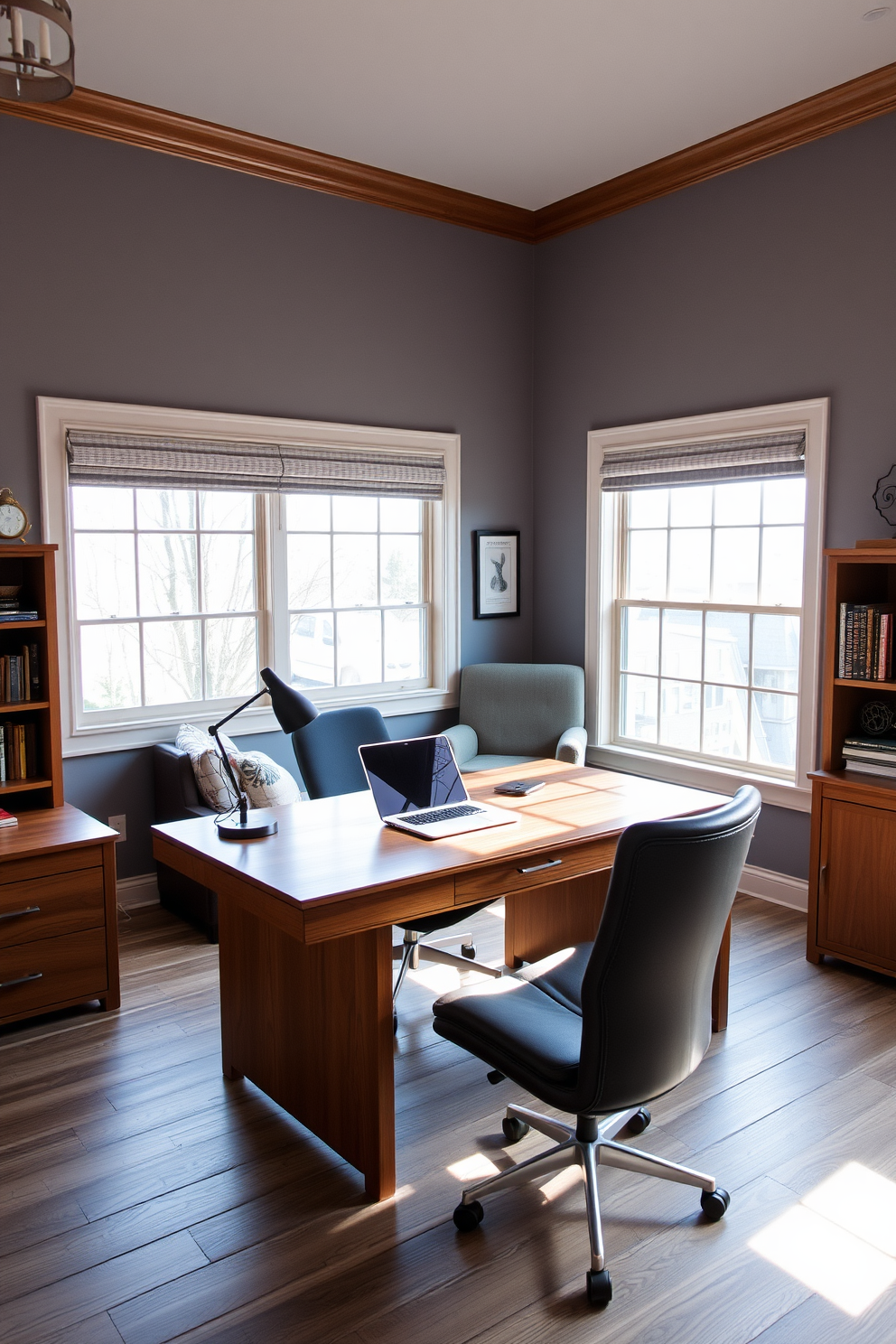 A spacious home office featuring a sleek wooden desk positioned against a large window that allows natural light to flood the room. An ergonomic chair with a modern design complements the desk, providing both comfort and style for long working hours. The walls are painted in a calming light gray, creating a serene atmosphere conducive to productivity. A stylish bookshelf filled with books and decorative items stands in one corner, adding personality to the space.