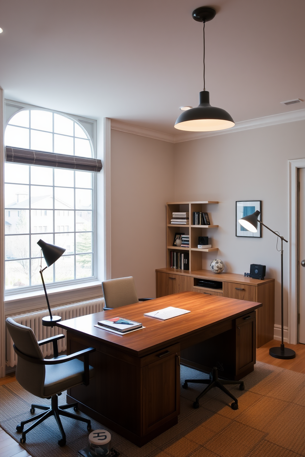 A spacious home office featuring layered lighting that combines both task and ambient sources. The room is designed with a large wooden desk positioned near a window, allowing natural light to flow in while adjustable pendant lights and a stylish floor lamp provide additional illumination.