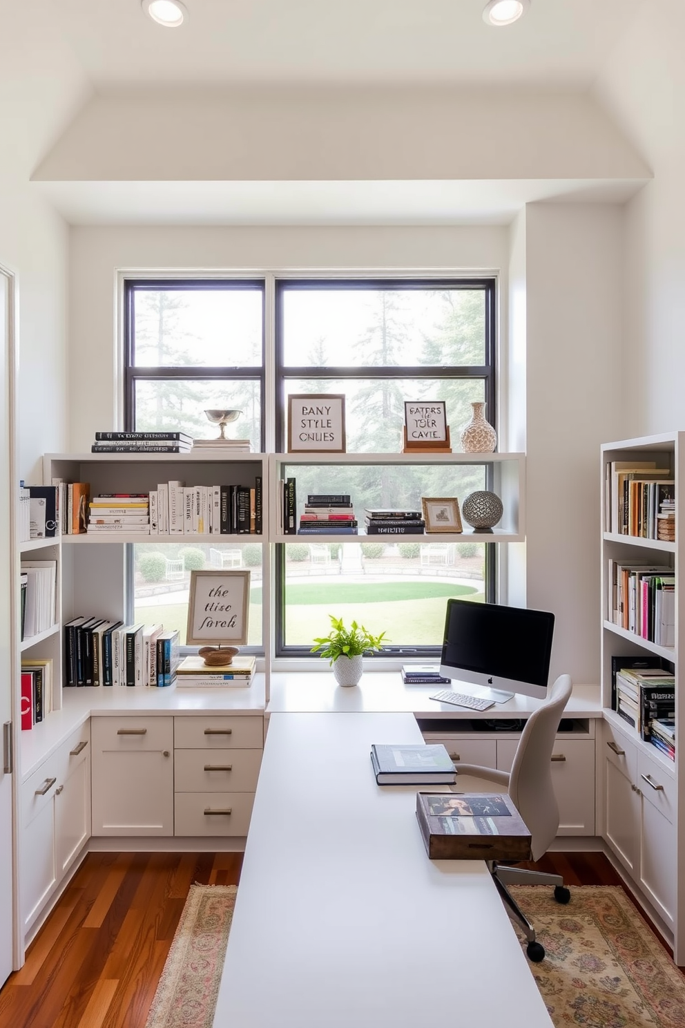 A large conference table made of dark wood occupies the center of a spacious meeting room. Surrounding the table are high-backed ergonomic chairs upholstered in a soft gray fabric, creating a professional yet inviting atmosphere. A home office design features a sleek L-shaped desk in a light oak finish against a wall of built-in shelves filled with books and decorative items. Large windows allow natural light to flood the space, complemented by a cozy reading nook with a comfortable armchair and a small side table.