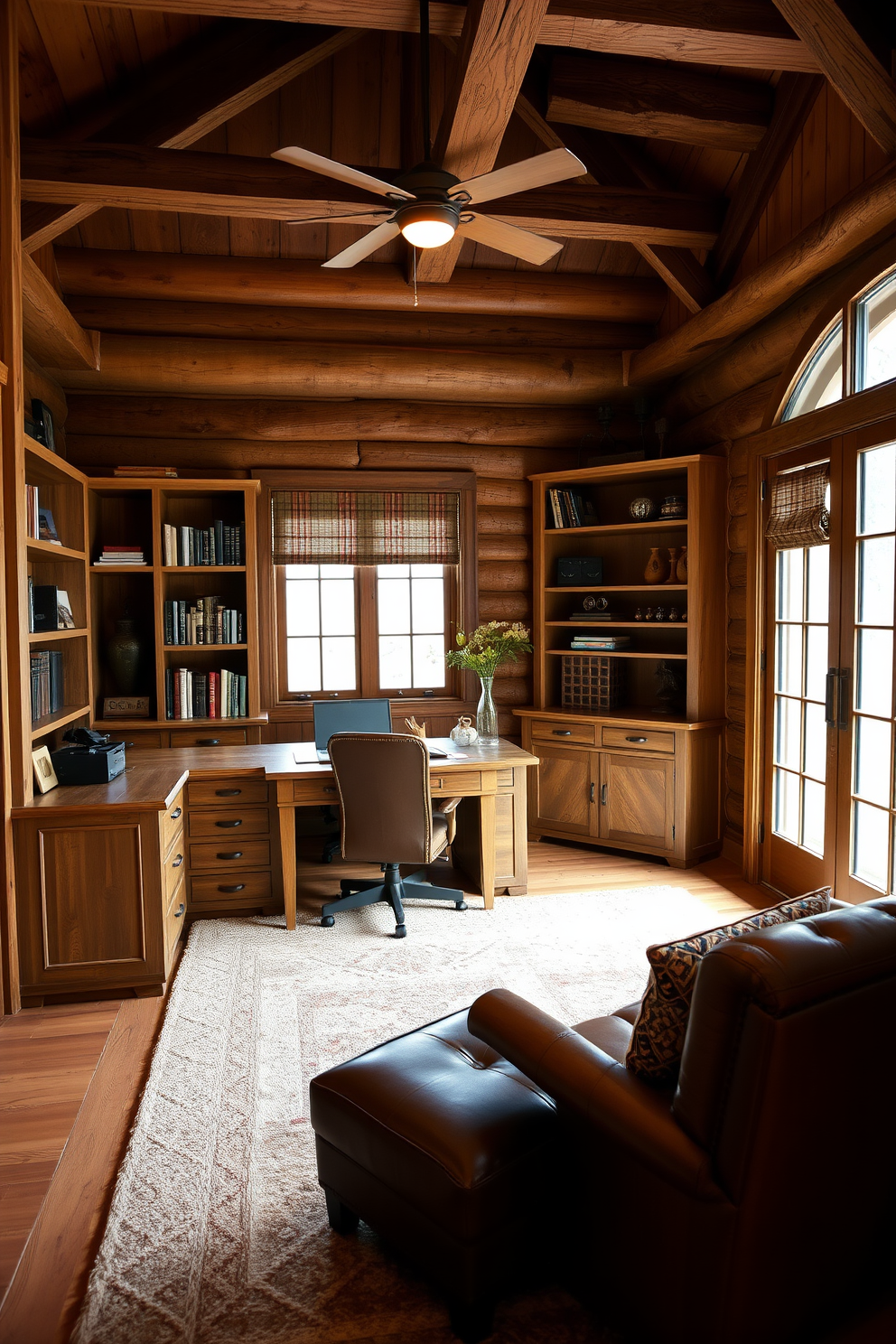 A spacious home office featuring rustic wood finishes that create a warm and inviting atmosphere. The room includes a large wooden desk with a distressed finish, complemented by a comfortable leather chair and ample natural light from a nearby window. The walls are adorned with wooden shelves filled with books and decorative items, enhancing the cozy feel. A soft area rug in earthy tones lies beneath the desk, adding texture and comfort to the space.