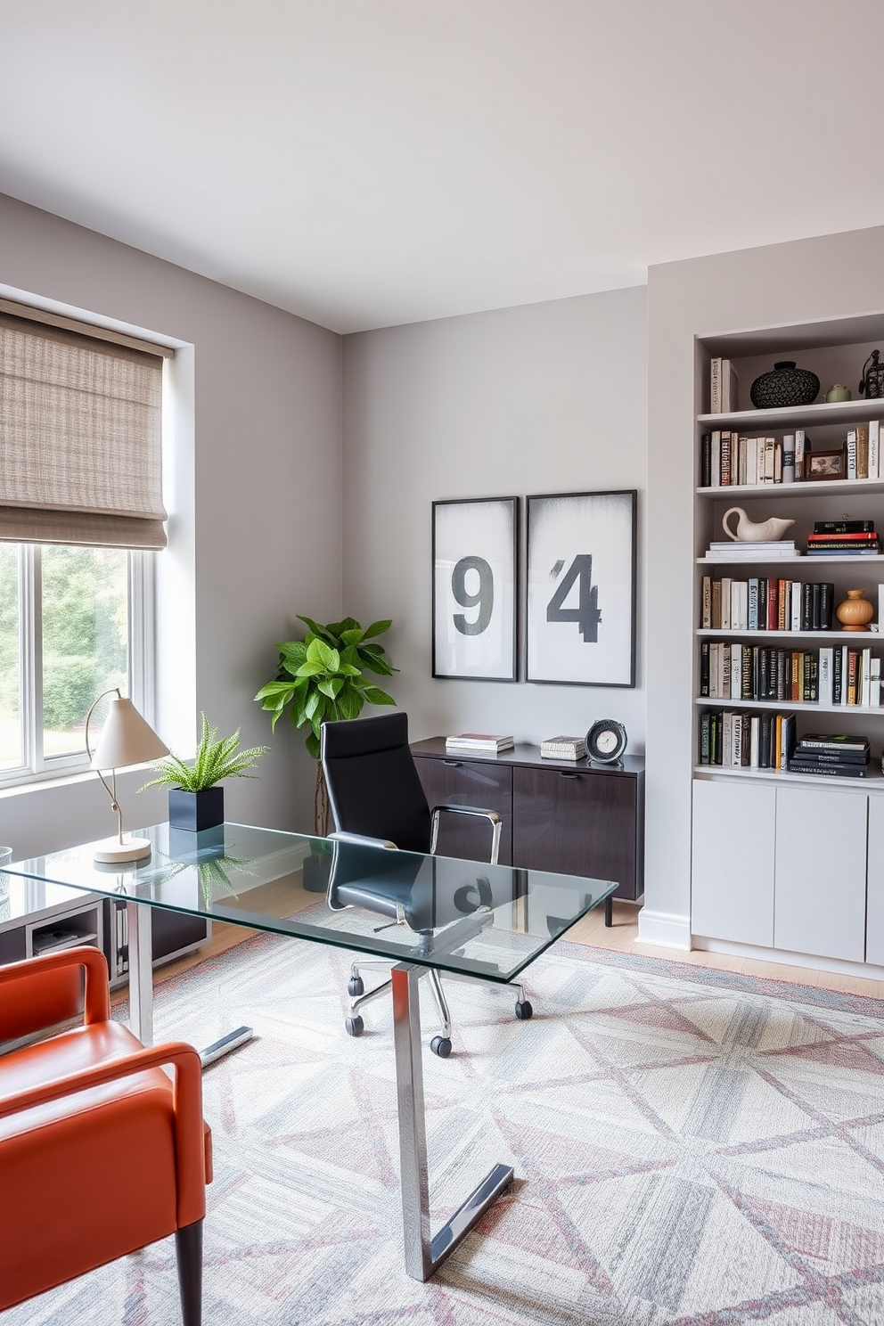 A spacious home office featuring modern furniture with sleek finishes. The desk is made of glass and metal, accompanied by an ergonomic chair in a bold color. On one side, there is a stylish bookshelf filled with neatly organized books and decorative items. The walls are painted in a soft gray, and a large window allows natural light to illuminate the space.