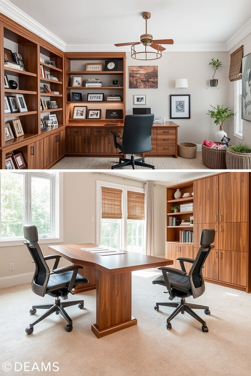 A spacious home office filled with soft lighting creates a warm and inviting atmosphere. The walls are painted in a light neutral color, and a large wooden desk is positioned near a window to maximize natural light. Plush seating options, such as an ergonomic chair and a cozy lounge chair, are strategically placed for comfort. Decorative elements like framed artwork and lush indoor plants add personality and vibrancy to the space.