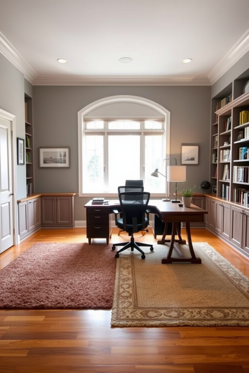 A spacious home office features a large wooden desk positioned near a window, allowing natural light to flood the room. Textured rugs in warm tones cover the hardwood floor, providing comfort and a cozy atmosphere. The walls are painted in a soft gray, complemented by built-in shelves filled with books and decorative items. A comfortable ergonomic chair sits at the desk, and a stylish lamp provides additional lighting for late-night work sessions.